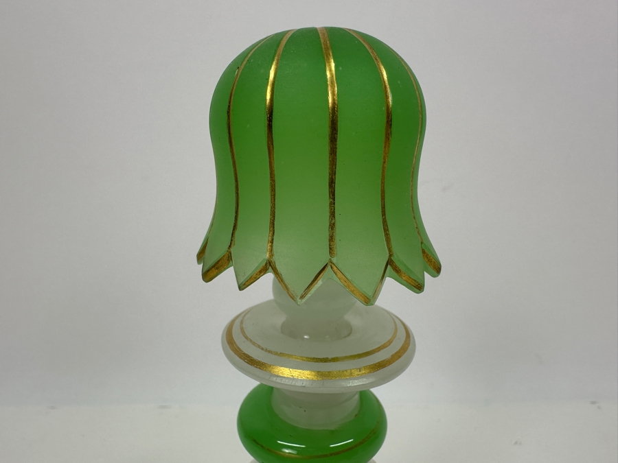 Antique Opaline Glass: White & Green Perfume Bottle With Mushroom Top Stopper, Gold Decorations And Applied Snake 7'H Client Paid $510 [Photo 3]