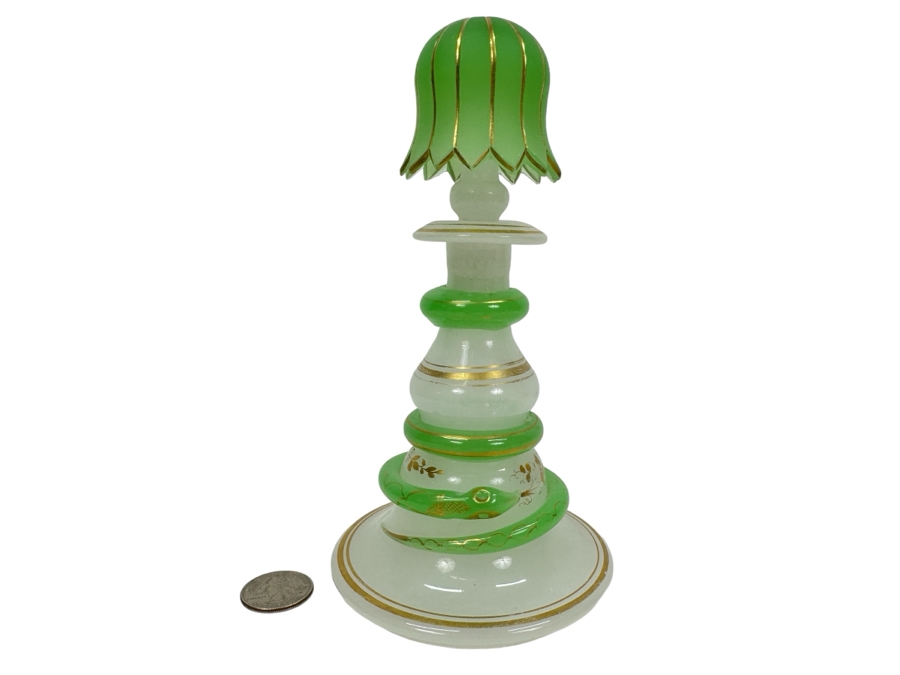 Antique Opaline Glass: White & Green Perfume Bottle With Mushroom Top Stopper, Gold Decorations And Applied Snake 7'H Client Paid $510