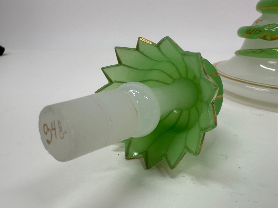 Antique Opaline Glass: White & Green Perfume Bottle With Mushroom Top Stopper, Gold Decorations And Applied Snake 7'H Client Paid $510 [Photo 4]