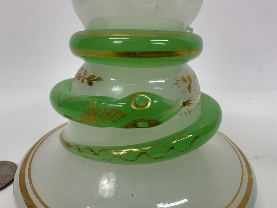 Antique Opaline Glass: White & Green Perfume Bottle With Mushroom Top Stopper, Gold Decorations And Applied Snake 7'H Client Paid $510 [Photo 2]