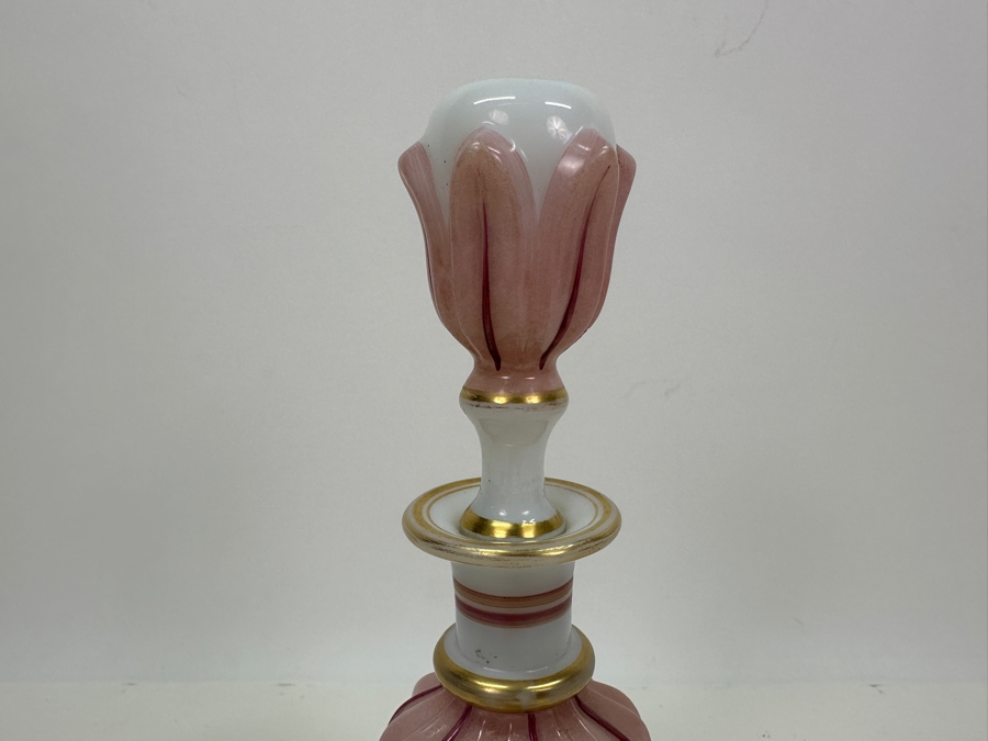 Antique Opaline Glass: Pink & White Perfume Bottle With Stopper And Gold Decor 8'H Client Paid $231 [Photo 4]