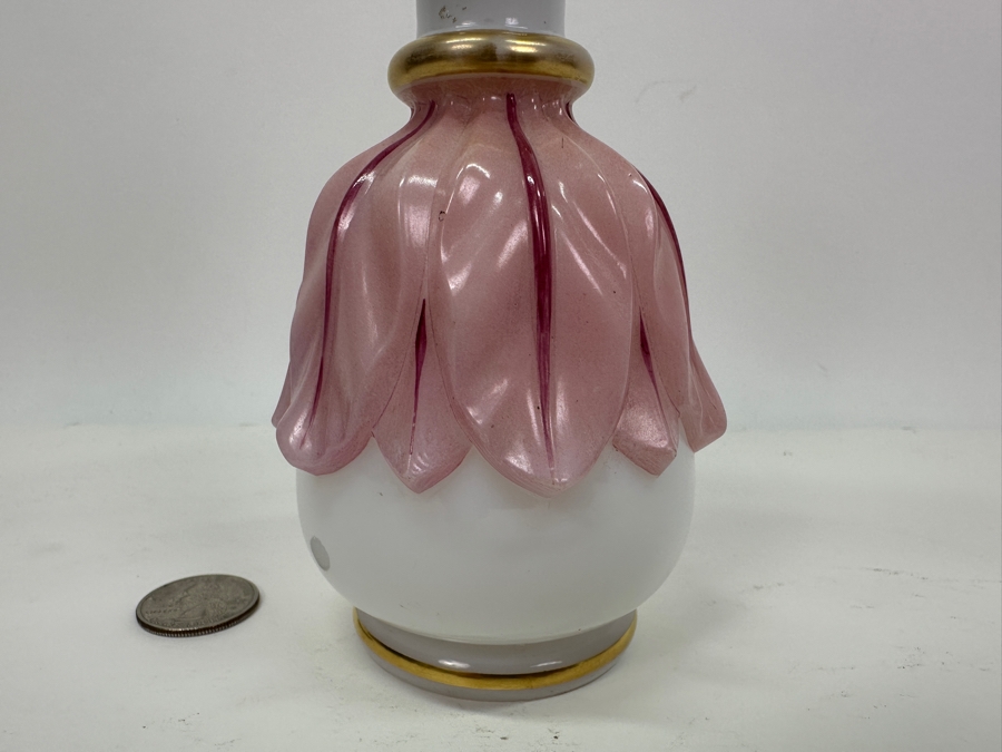 Antique Opaline Glass: Pink & White Perfume Bottle With Stopper And Gold Decor 8'H Client Paid $231 [Photo 3]