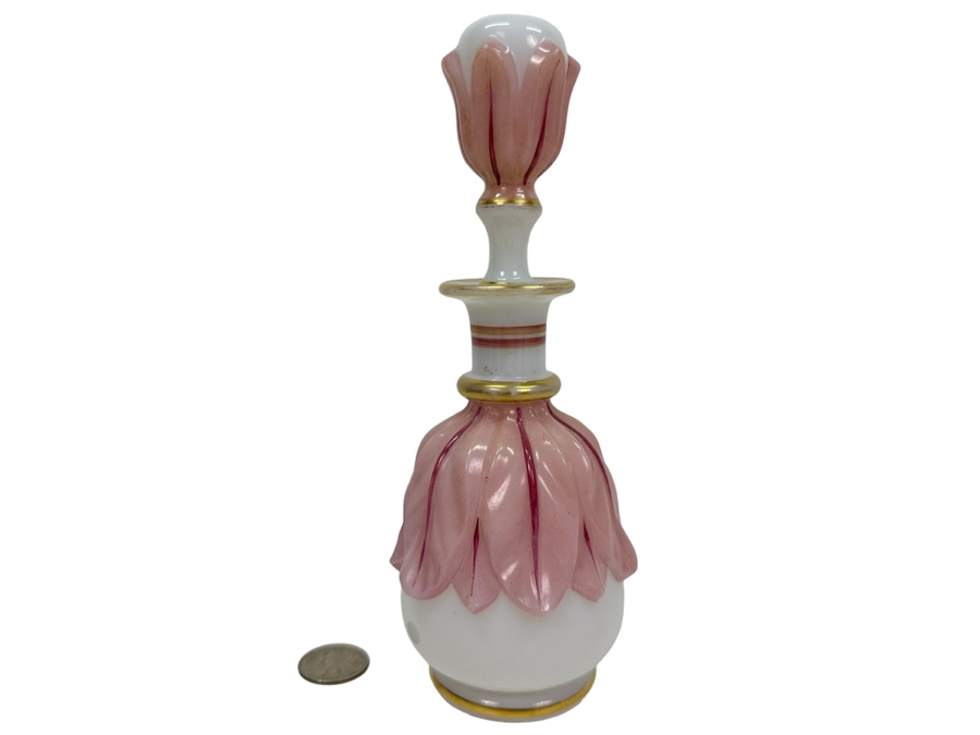 Antique Opaline Glass: Pink & White Perfume Bottle With Stopper And Gold Decor 8'H Client Paid $231
