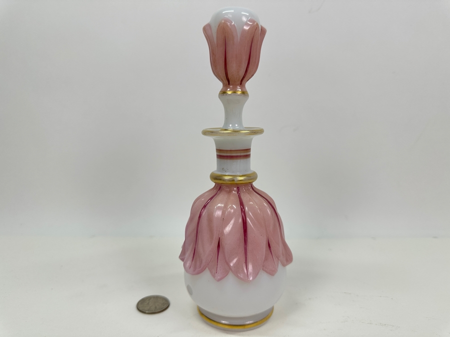Antique Opaline Glass: Pink & White Perfume Bottle With Stopper And Gold Decor 8'H Client Paid $231 [Photo 2]
