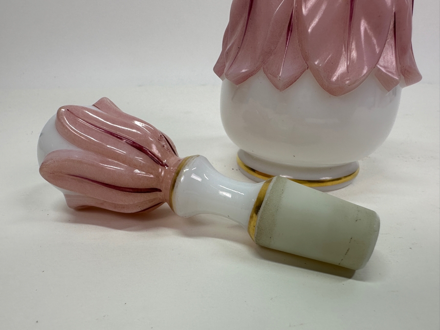 Antique Opaline Glass: Pink & White Perfume Bottle With Stopper And Gold Decor 8'H Client Paid $231 [Photo 5]