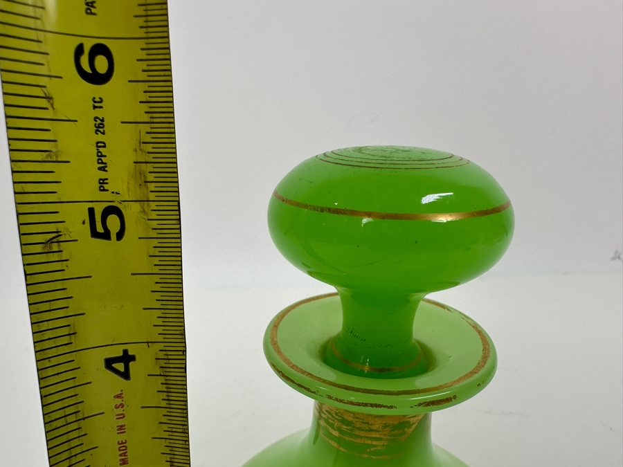 Antique Opaline Glass: Green Perfume Bottle With Stopper And Gold Decor 5.5'H Appraised $210 [Photo 7]