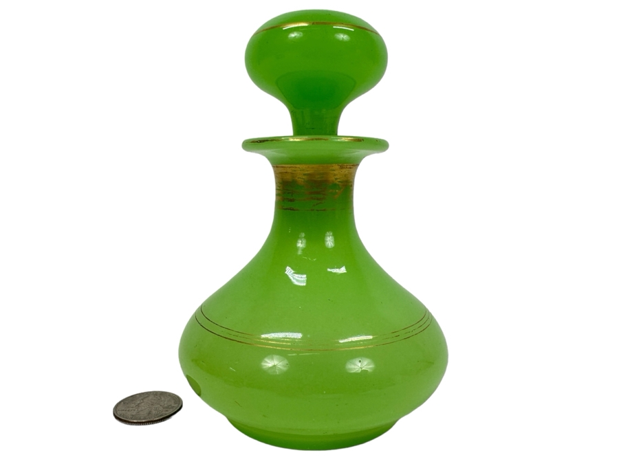 Antique Opaline Glass: Green Perfume Bottle With Stopper And Gold Decor 5.5'H Appraised $210