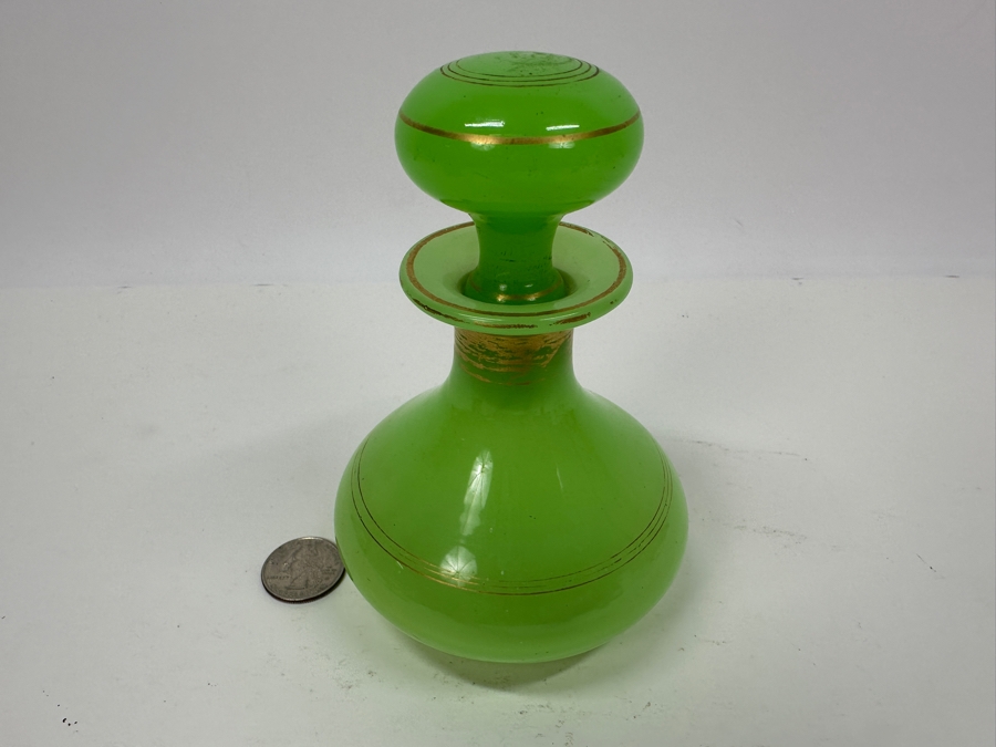 Antique Opaline Glass: Green Perfume Bottle With Stopper And Gold Decor 5.5'H Appraised $210 [Photo 3]