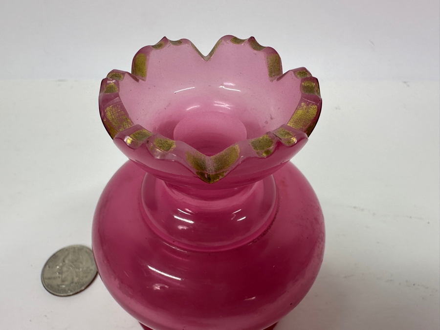 Antique Opaline Glass: Pink Perfume Bottle With Hortensia Gold Stopper French 4.5'H Appraised $275 [Photo 6]