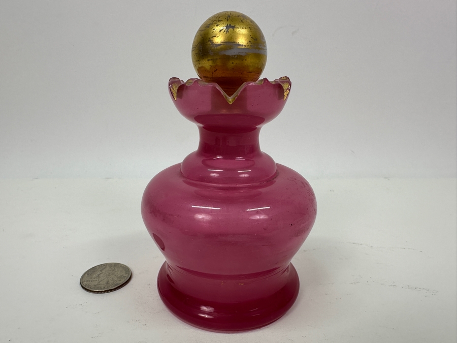 Antique Opaline Glass: Pink Perfume Bottle With Hortensia Gold Stopper French 4.5'H Appraised $275 [Photo 3]