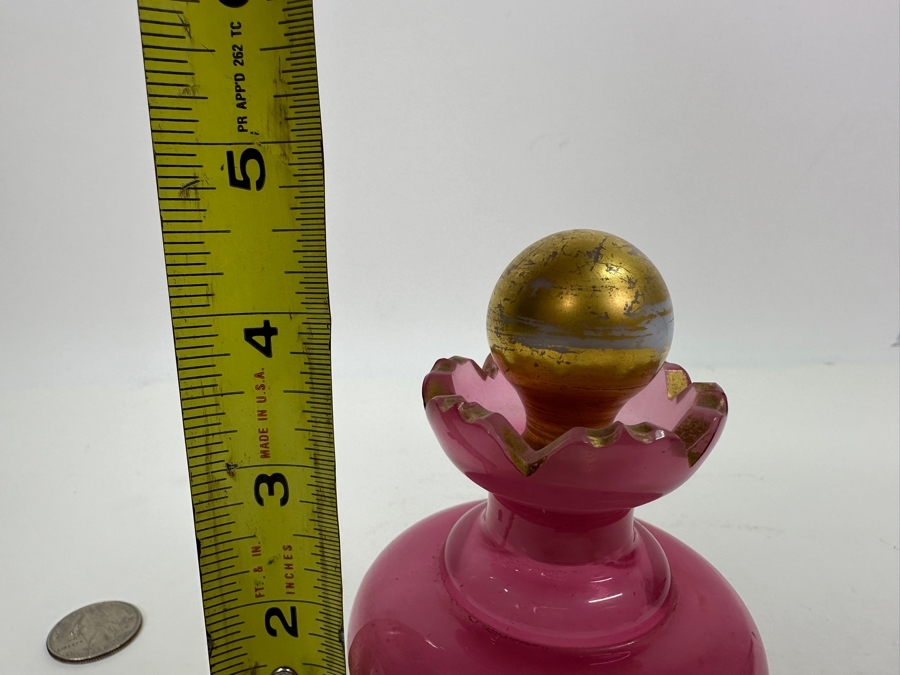 Antique Opaline Glass: Pink Perfume Bottle With Hortensia Gold Stopper French 4.5'H Appraised $275 [Photo 8]