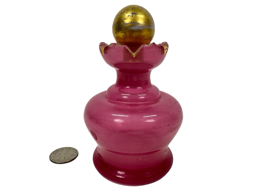 Antique Opaline Glass: Pink Perfume Bottle With Hortensia Gold Stopper French 4.5'H Appraised $275