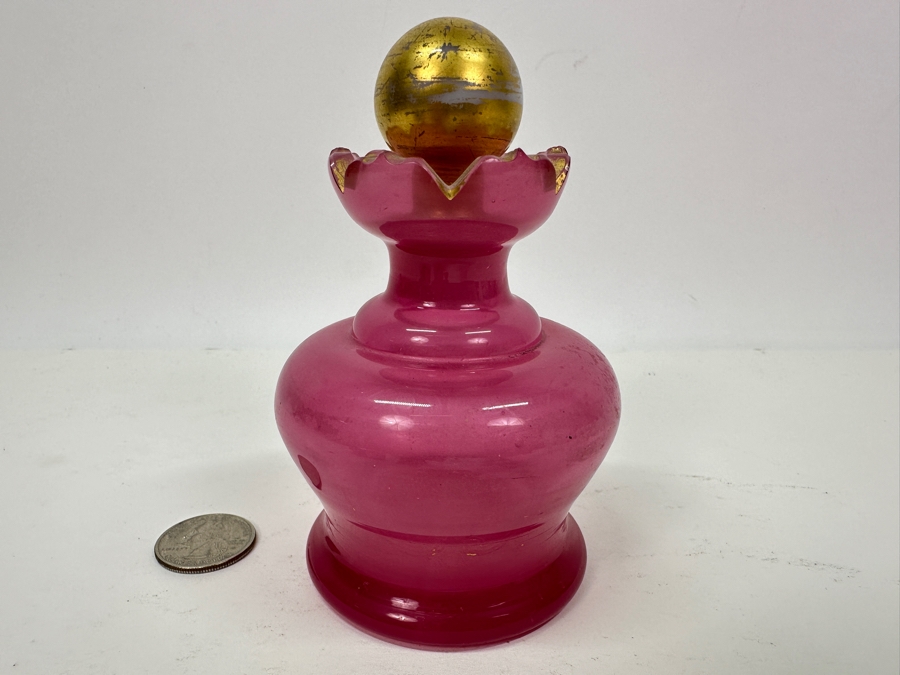 Antique Opaline Glass: Pink Perfume Bottle With Hortensia Gold Stopper French 4.5'H Appraised $275 [Photo 2]