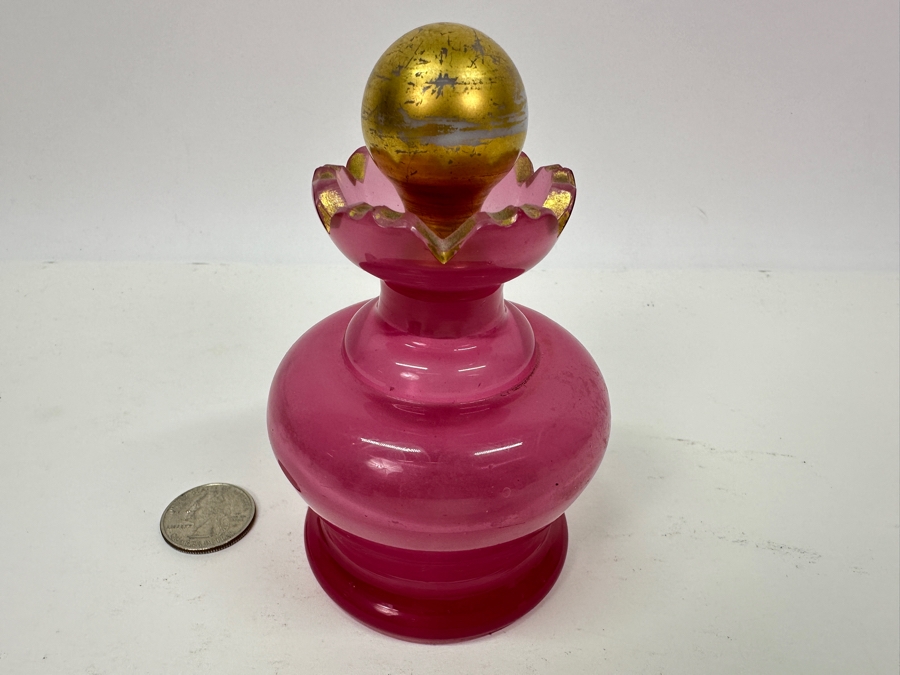 Antique Opaline Glass: Pink Perfume Bottle With Hortensia Gold Stopper French 4.5'H Appraised $275 [Photo 4]