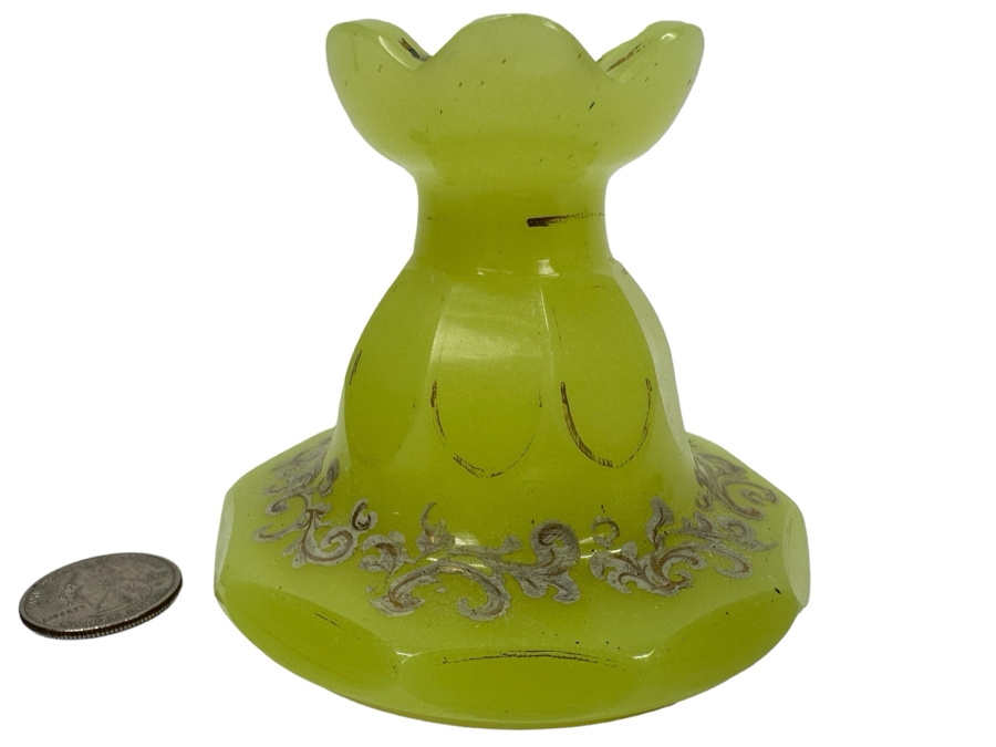 Antique Opaline Glass: Yellow Green Candle Holder With White & Gold Decor 3.25'H