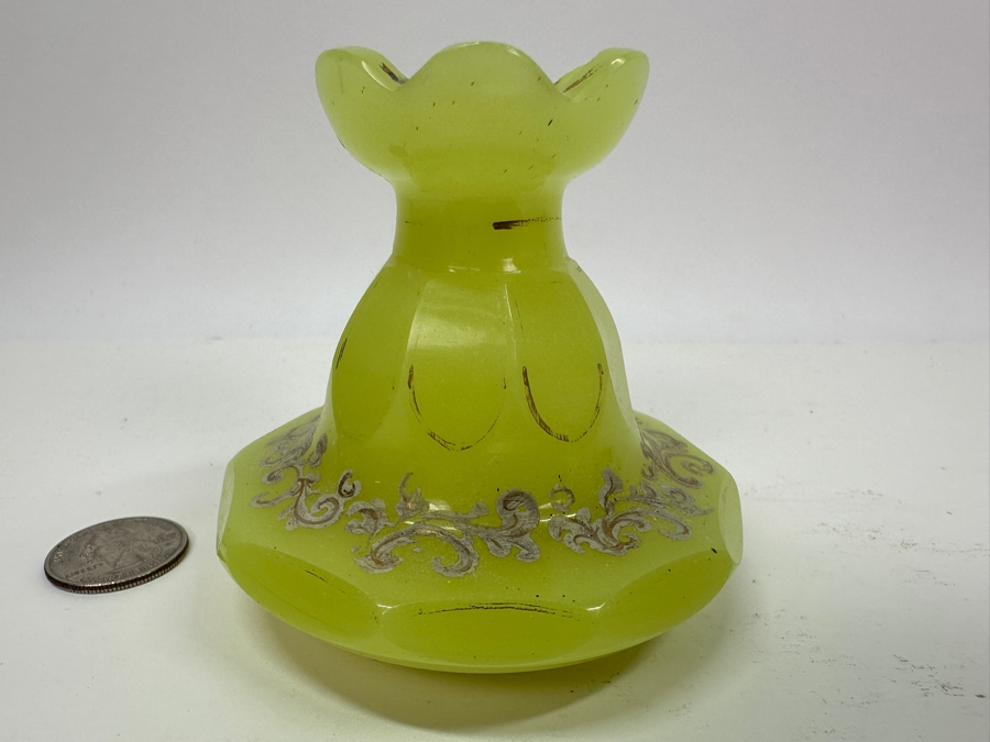 Antique Opaline Glass: Yellow Green Candle Holder With White & Gold Decor 3.25'H [Photo 2]