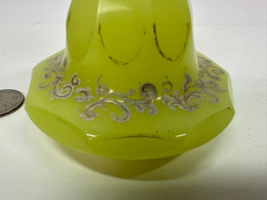 Antique Opaline Glass: Yellow Green Candle Holder With White & Gold Decor 3.25'H [Photo 3]