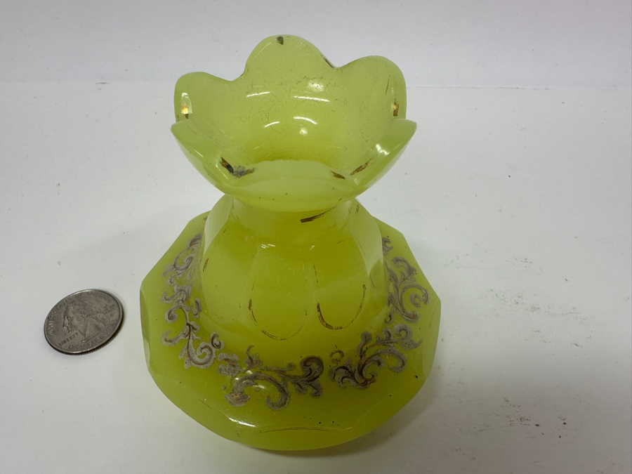 Antique Opaline Glass: Yellow Green Candle Holder With White & Gold Decor 3.25'H [Photo 4]