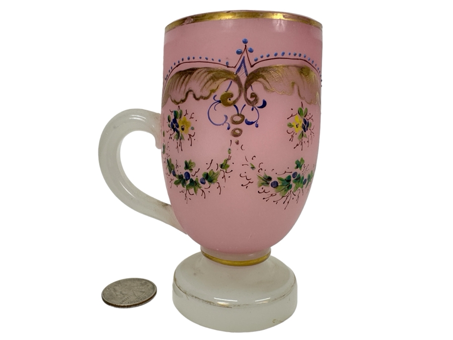 Antique Opaline Glass: Pink & White Decorated Cup 4.25'H [Photo 1]