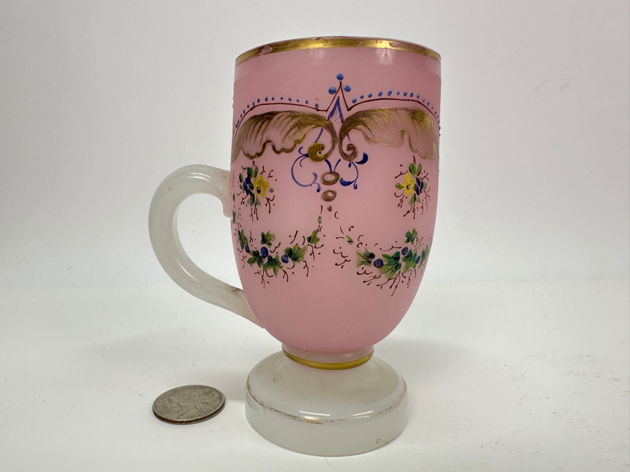 Antique Opaline Glass: Pink & White Decorated Cup 4.25'H [Photo 2]