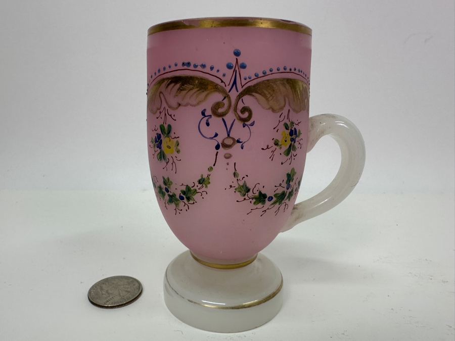 Antique Opaline Glass: Pink & White Decorated Cup 4.25'H [Photo 4]
