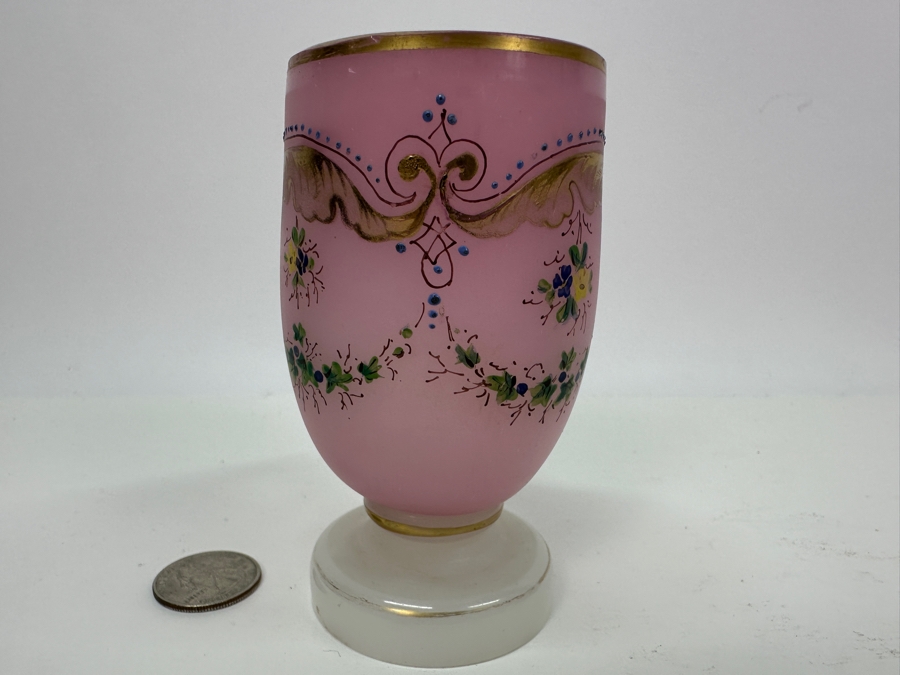 Antique Opaline Glass: Pink & White Decorated Cup 4.25'H [Photo 3]