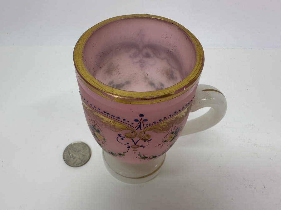 Antique Opaline Glass: Pink & White Decorated Cup 4.25'H [Photo 5]