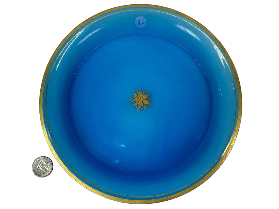 Antique Opaline Glass: Round Blue Tray With Gold Decor 8.5'H Appraised $200 [Photo 1]
