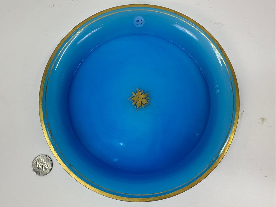 Antique Opaline Glass: Round Blue Tray With Gold Decor 8.5'H Appraised $200 [Photo 2]