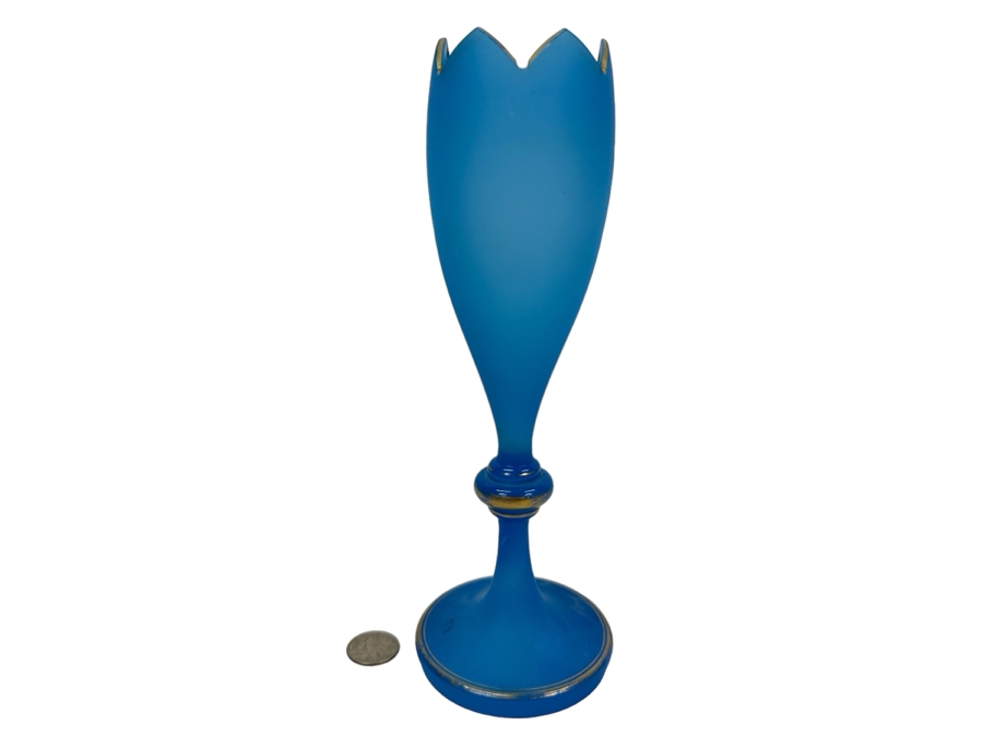 Antique Opaline Glass: Blue Vase With Gold Decor 10.25'H [Photo 1]