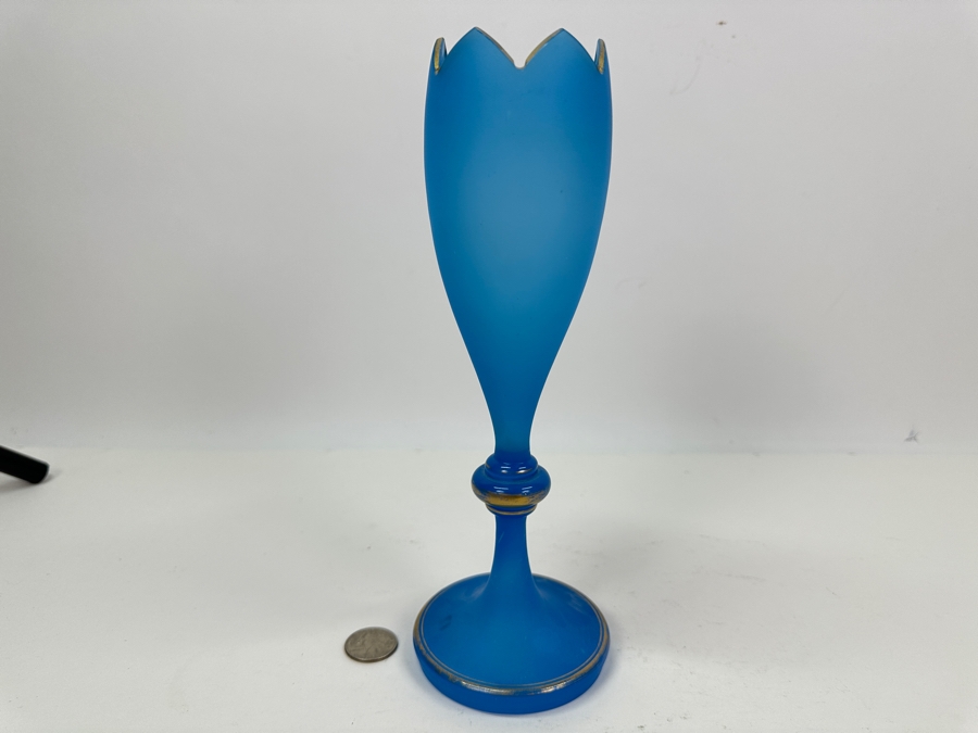 Antique Opaline Glass: Blue Vase With Gold Decor 10.25'H [Photo 2]