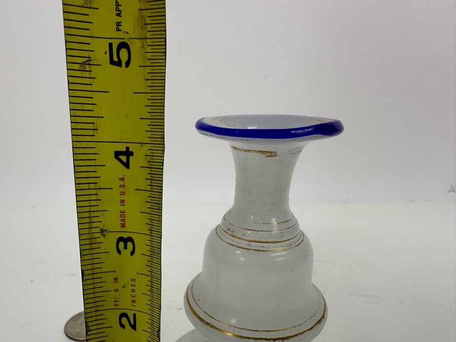 Antique Opaline Glass: White Bud Vase With Blue & Gold Decor 4.25'H Appraised $45 [Photo 5]