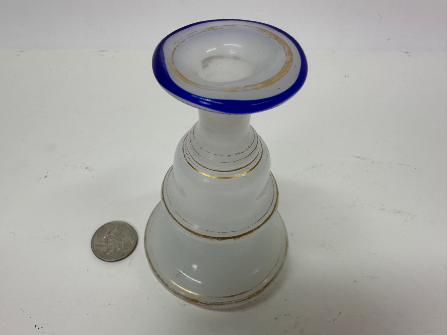 Antique Opaline Glass: White Bud Vase With Blue & Gold Decor 4.25'H Appraised $45 [Photo 3]