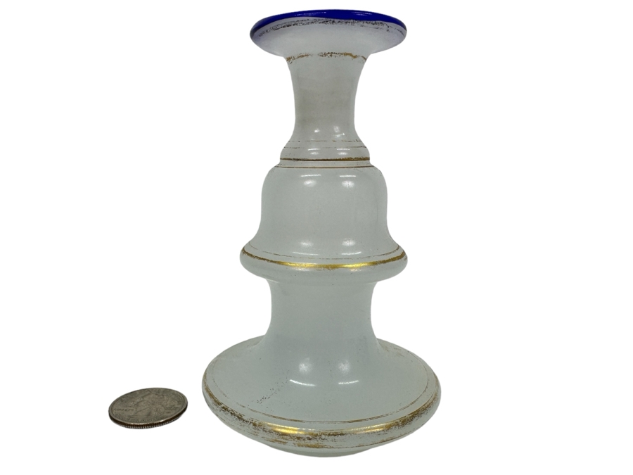 Antique Opaline Glass: White Bud Vase With Blue & Gold Decor 4.25'H Appraised $45 [Photo 1]