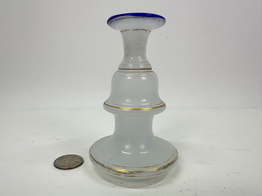 Antique Opaline Glass: White Bud Vase With Blue & Gold Decor 4.25'H Appraised $45 [Photo 2]