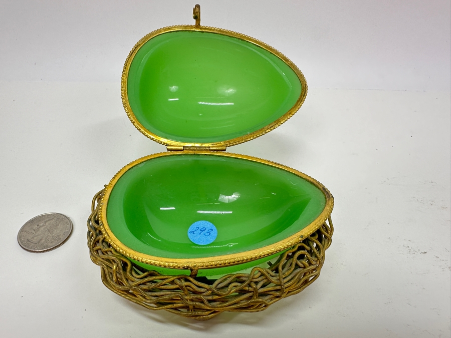 Antique Opaline Glass: Green Egg Casket Box On Gilt Metal Nest 4'L [Photo 10]