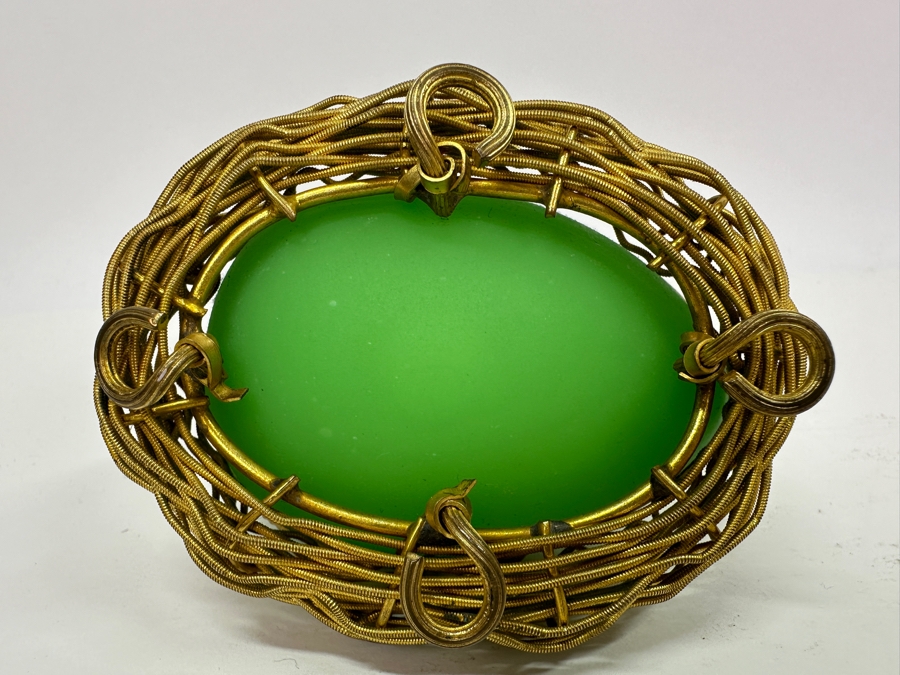 Antique Opaline Glass: Green Egg Casket Box On Gilt Metal Nest 4'L [Photo 6]