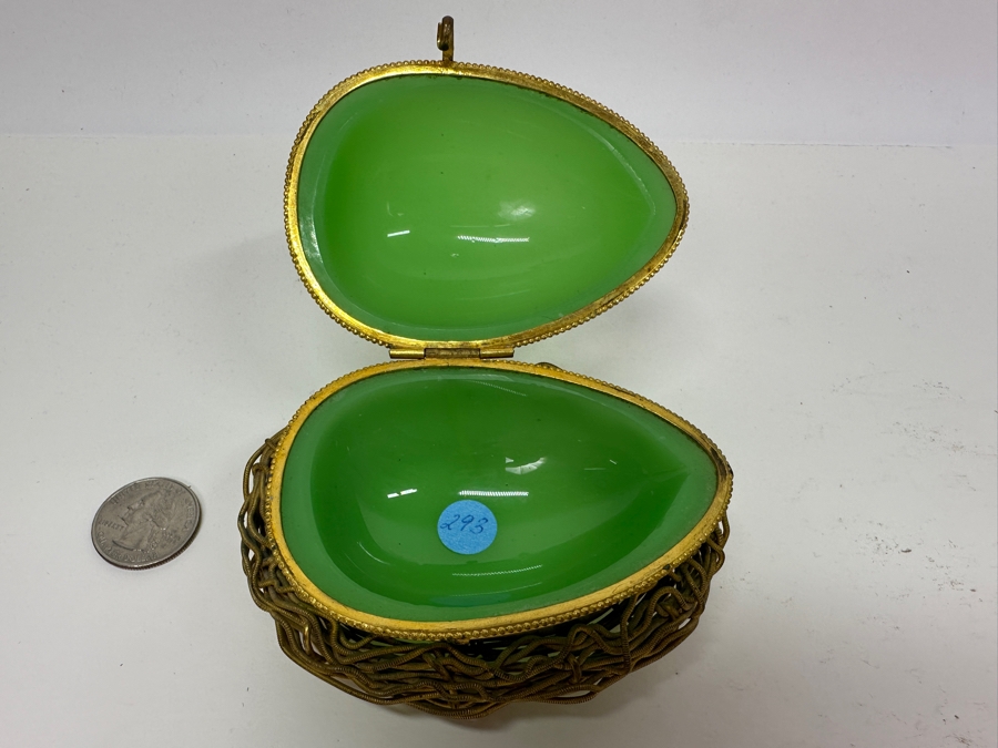 Antique Opaline Glass: Green Egg Casket Box On Gilt Metal Nest 4'L [Photo 8]