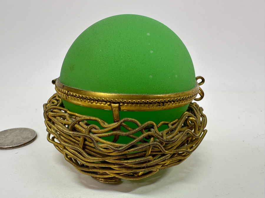 Antique Opaline Glass: Green Egg Casket Box On Gilt Metal Nest 4'L [Photo 5]