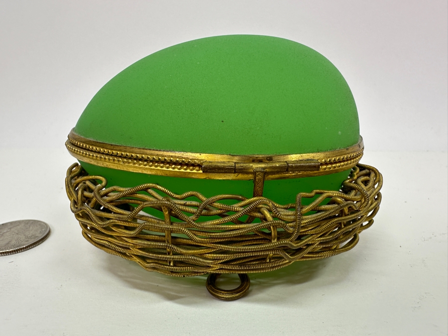 Antique Opaline Glass: Green Egg Casket Box On Gilt Metal Nest 4'L [Photo 4]