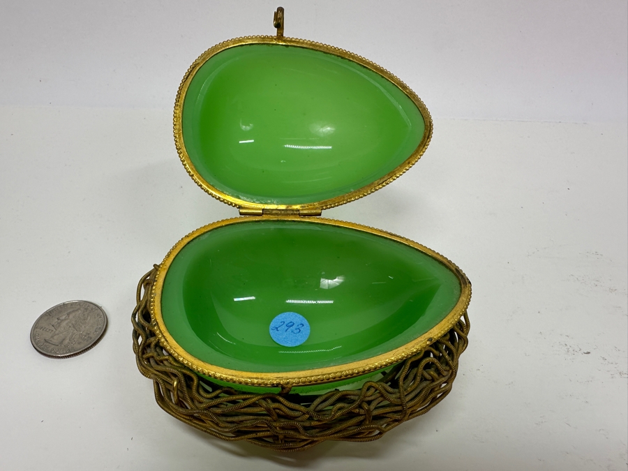 Antique Opaline Glass: Green Egg Casket Box On Gilt Metal Nest 4'L [Photo 7]