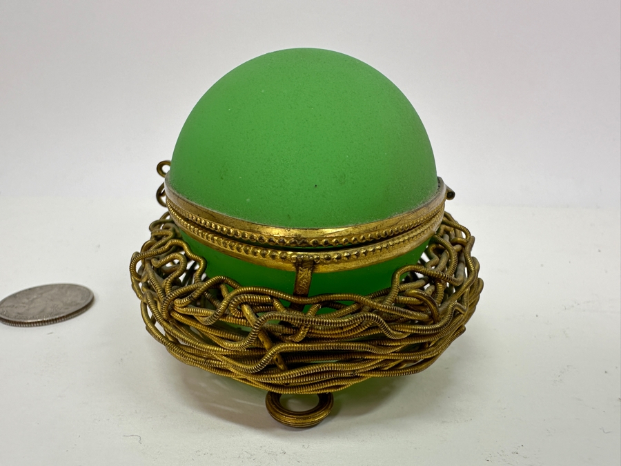 Antique Opaline Glass: Green Egg Casket Box On Gilt Metal Nest 4'L [Photo 3]