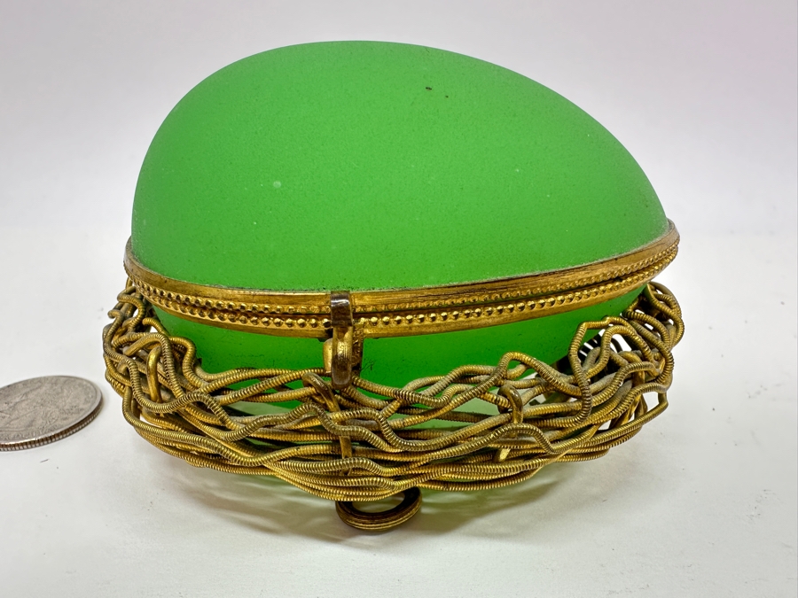 Antique Opaline Glass: Green Egg Casket Box On Gilt Metal Nest 4'L [Photo 2]
