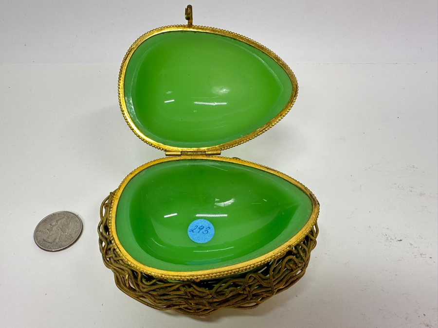 Antique Opaline Glass: Green Egg Casket Box On Gilt Metal Nest 4'L [Photo 9]