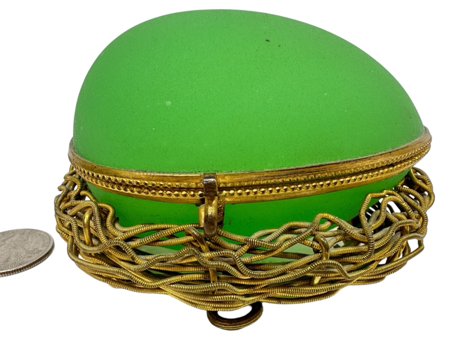 Antique Opaline Glass: Green Egg Casket Box On Gilt Metal Nest 4'L [Photo 1]