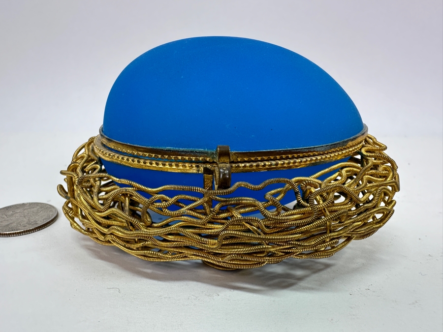Antique Opaline Glass: Blue Egg Casket Box On Gilt Metal Nest 4.25'W (Top Of Egg Has Crack) 1882 Moltke 4'L Appraised $600 [Photo 3]