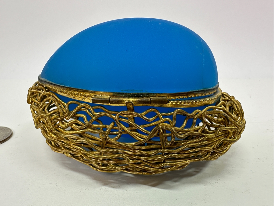 Antique Opaline Glass: Blue Egg Casket Box On Gilt Metal Nest 4.25'W (Top Of Egg Has Crack) 1882 Moltke 4'L Appraised $600 [Photo 6]