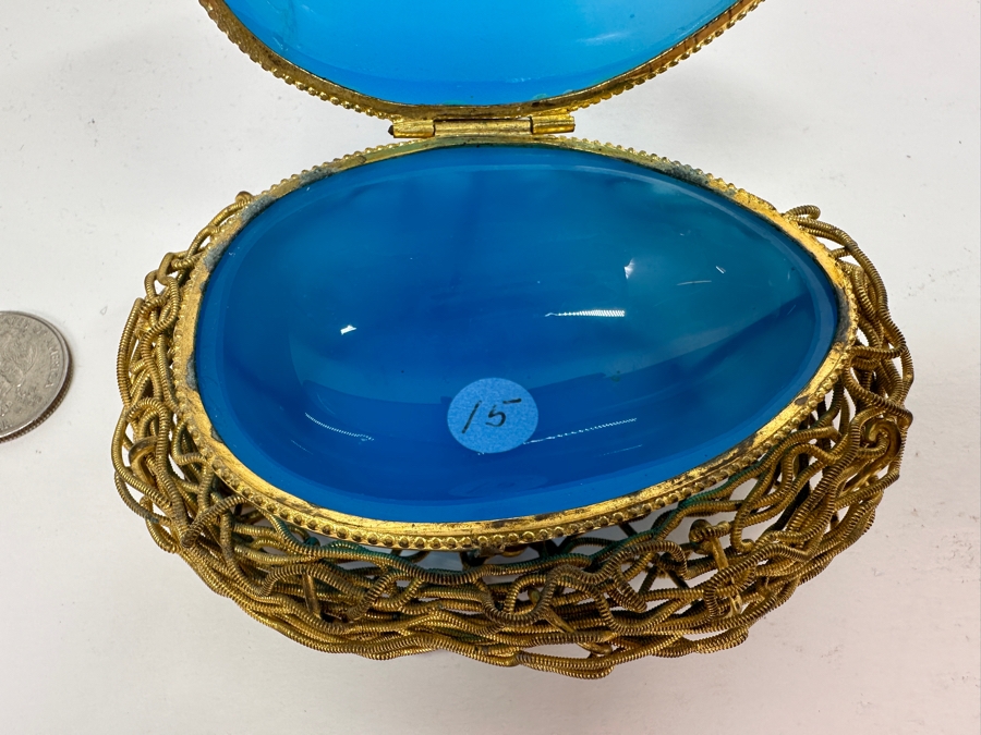 Antique Opaline Glass: Blue Egg Casket Box On Gilt Metal Nest 4.25'W (Top Of Egg Has Crack) 1882 Moltke 4'L Appraised $600 [Photo 11]