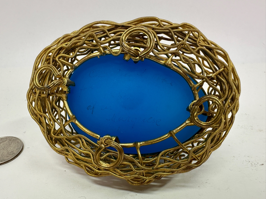 Antique Opaline Glass: Blue Egg Casket Box On Gilt Metal Nest 4.25'W (Top Of Egg Has Crack) 1882 Moltke 4'L Appraised $600 [Photo 8]