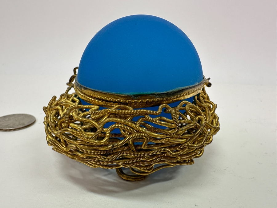 Antique Opaline Glass: Blue Egg Casket Box On Gilt Metal Nest 4.25'W (Top Of Egg Has Crack) 1882 Moltke 4'L Appraised $600 [Photo 7]